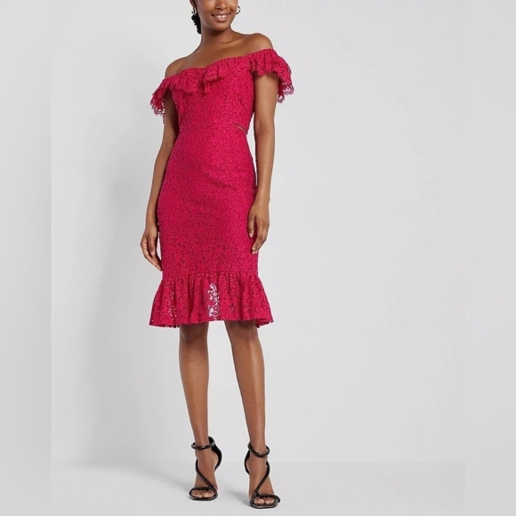 Express Lace Side Cutout Ruffle Dress  Gorgeous Hot Pink Women's Off Shoulders S - Picture 1 of 16